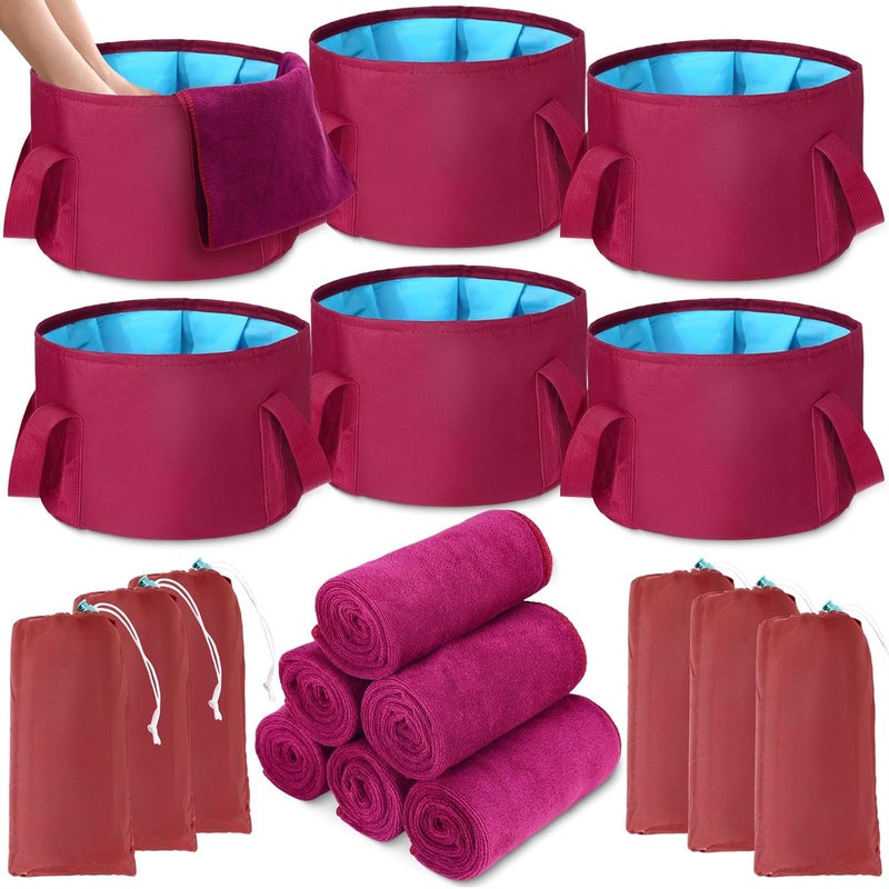 FillTouch 12 Pcs 15L Foldable Foot Soaking Tub Kit Portable Foot Bath Tub for Soaking Feet with Towel and Storage Bag Soak Spa Bucket for Travel Camping (Claret) - Image 1